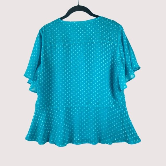 Chico's Blouse Womens Size 1 Medium 8 Blue Clip Dot Peplum‎ Flutter Sleeve Top - Picture 3 of 12